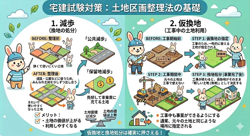 宅建試験で出題される「土地区画整理法」の減歩、仮換地のまとめ