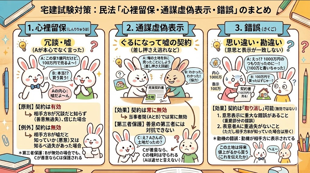 宅建試験で出題される「心裡留保・通謀虚偽表示・錯誤」のまとめ